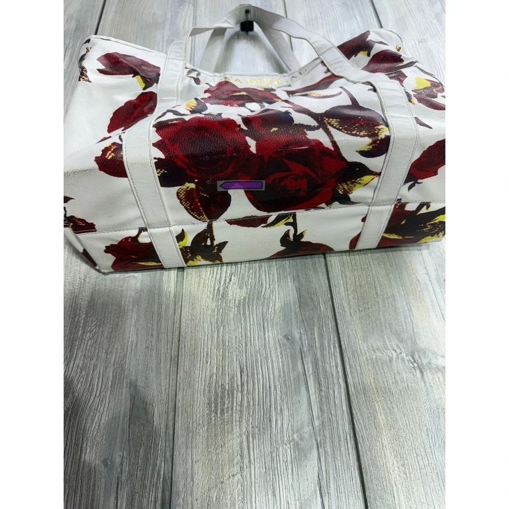 Ieena Duggal White Red Rose Floral Tote Bag Large Gold Hardware Shoulder Bag